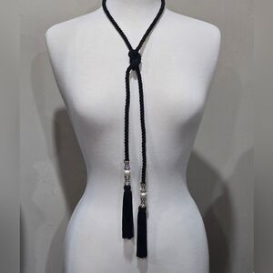 Elegant Black Tassel Necklace With Pearl And Clear Crystal Rhinstones